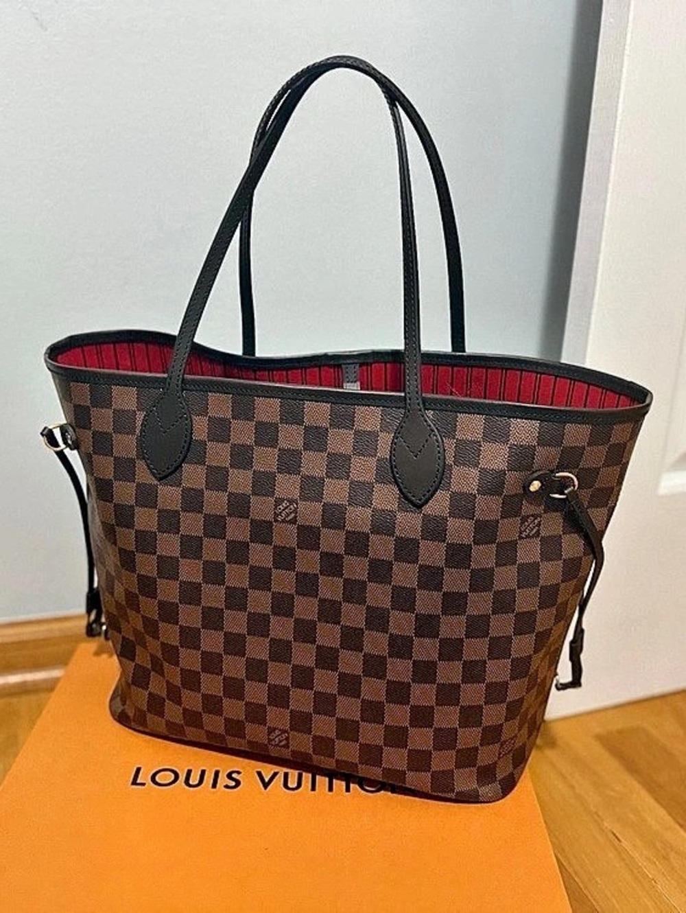 Louis Vuitton Neverfull MM Checkered Tote in Brown & Red